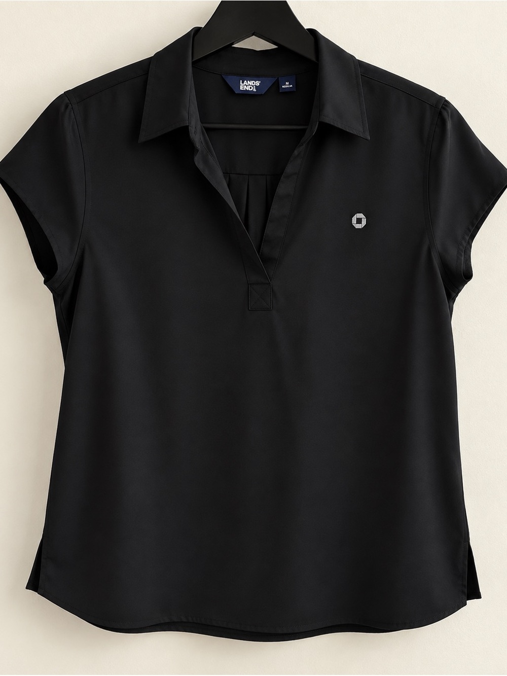 Lands' End Black Short-Sleeve Polo-Style Button Down Top